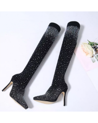 Women's Winter High Boots Thigh Knee Black Heels Overknee Luxury Long Brands New European Style Sock Stripper Pole Rhinestone